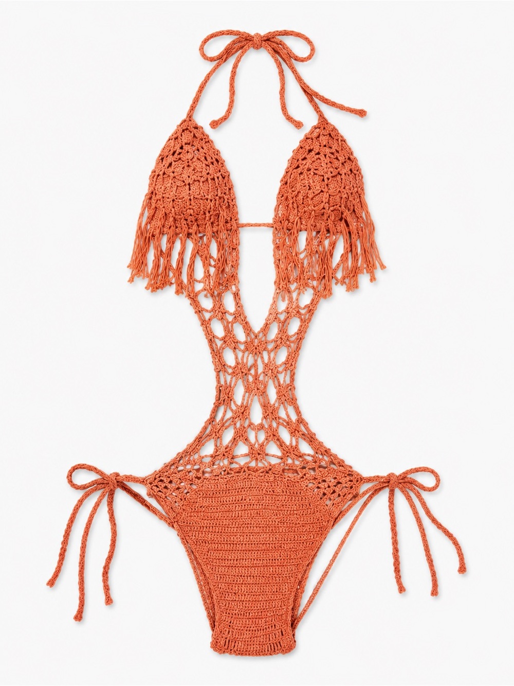 Anna Kosturova Tassel Monokini Coral Handmade Crochet Onepiece Boho Resort SizeL